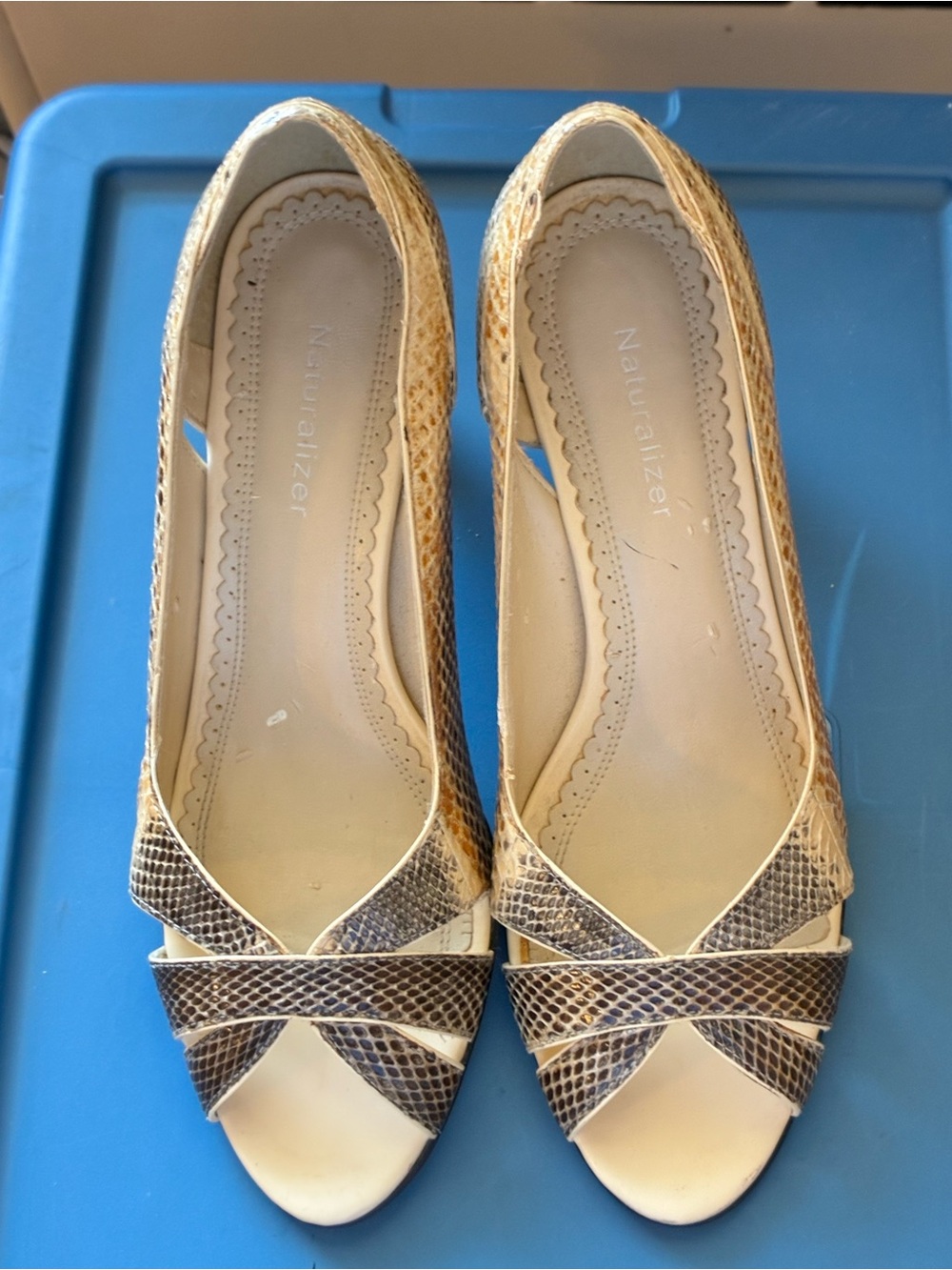 Naturalizer Women's Tan Snake-Print Peep Toe Flats